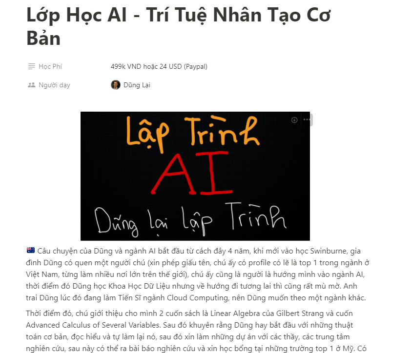 Khóa học Dũng lại AI - Trí Tuệ Nhân Tạo miễn phí