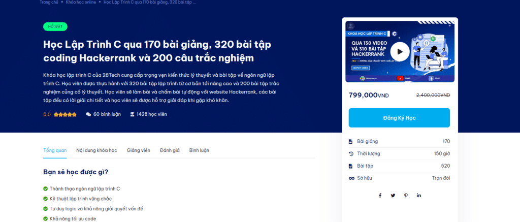 Học Lập Trình C qua 170 bài giảng, 320 bài tập coding Hackerrank và 200 câu trắc nghiệm