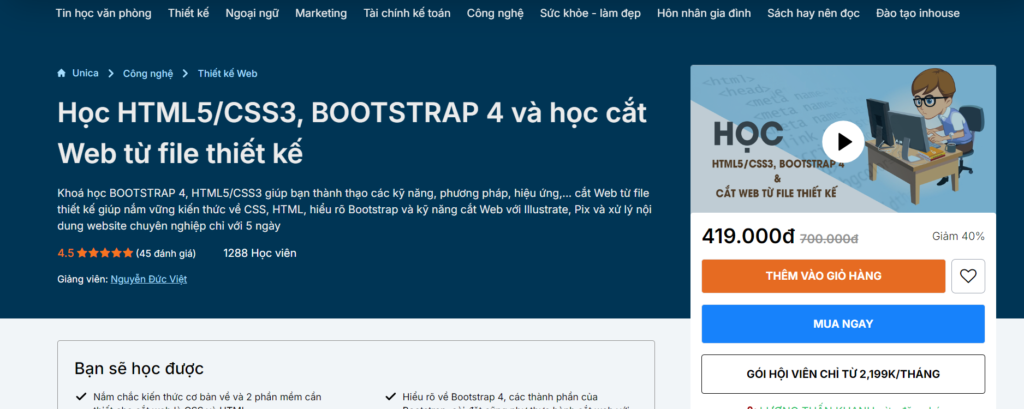 Học HTML5CSS3, BOOTSTRAP 4 và học cắt Web từ file thiết kế