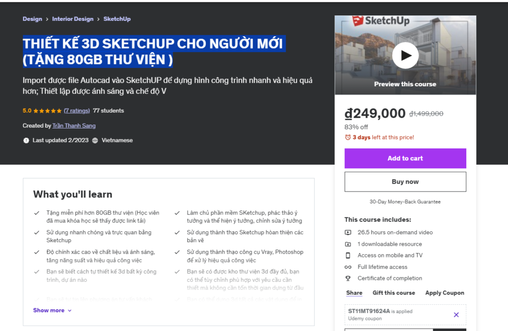 THIẾT KẾ 3D SKETCHUP CHO NGƯỜI MỚI (TẶNG 80GB THƯ VIỆN )