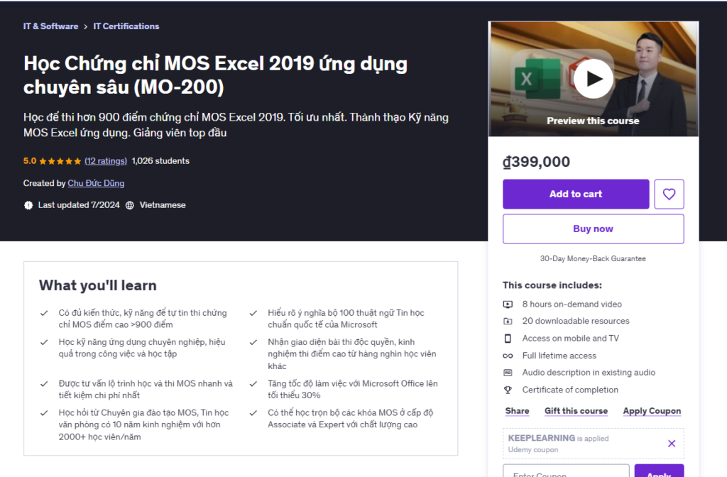 Học Chứng chỉ MOS Excel 2019 ứng dụng chuyên sâu (MO-200)