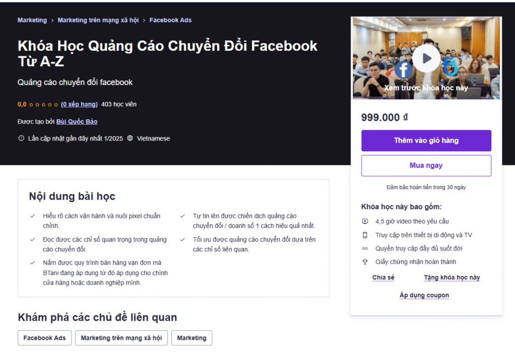 Khóa Học Quảng Cáo Chuyển Đổi Facebook Từ A-Z