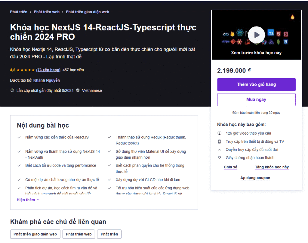 Khóa học NextJS 14-ReactJS-Typescript thực chiến 2024 PRO