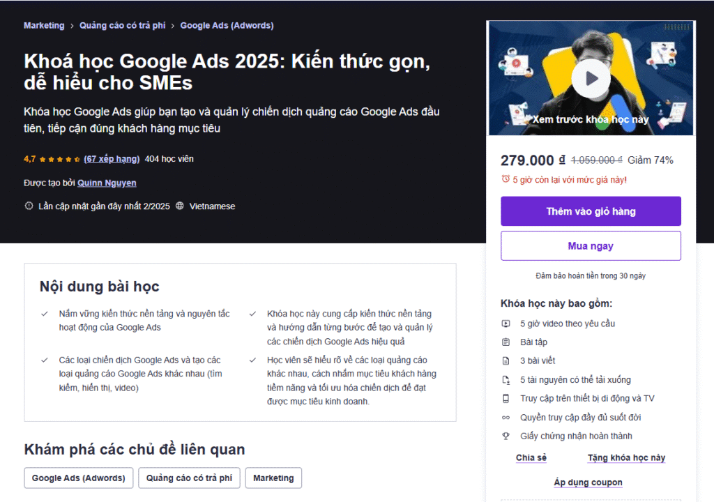 Khoá học Google Ads 2025: Kiến thức gọn, dễ hiểu cho SMEs