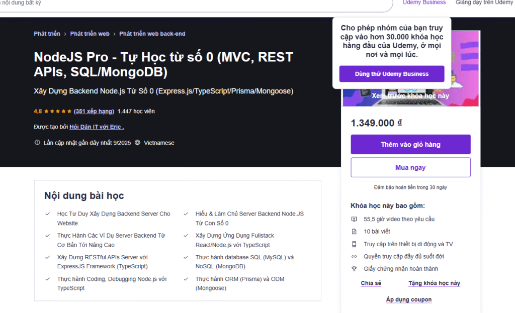 NodeJS Pro - Tự Học từ số 0 (MVC, REST APIs, SQL/MongoDB)
