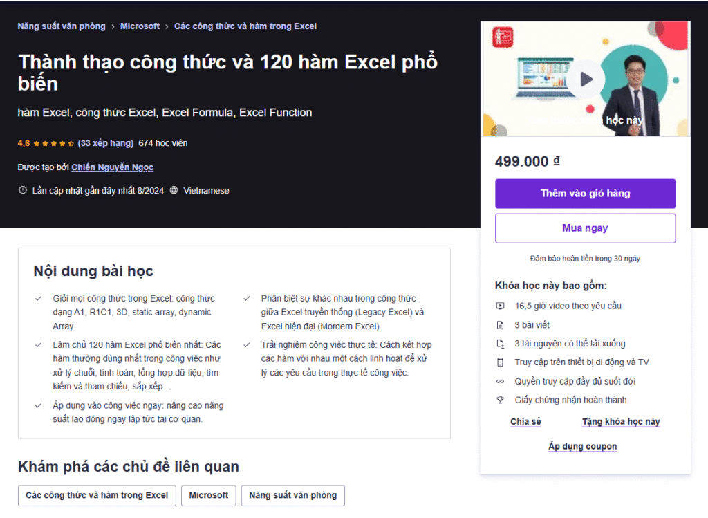 Thành thạo công thức và 120 hàm Excel phổ biến