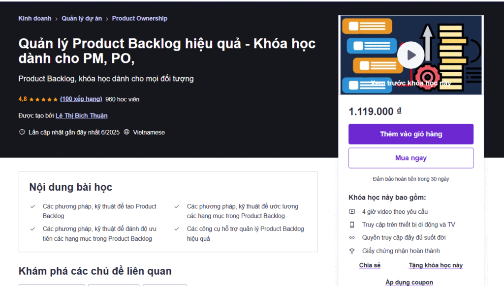 Quản lý Product Backlog hiệu quả - Khóa học dành cho PM, PO,