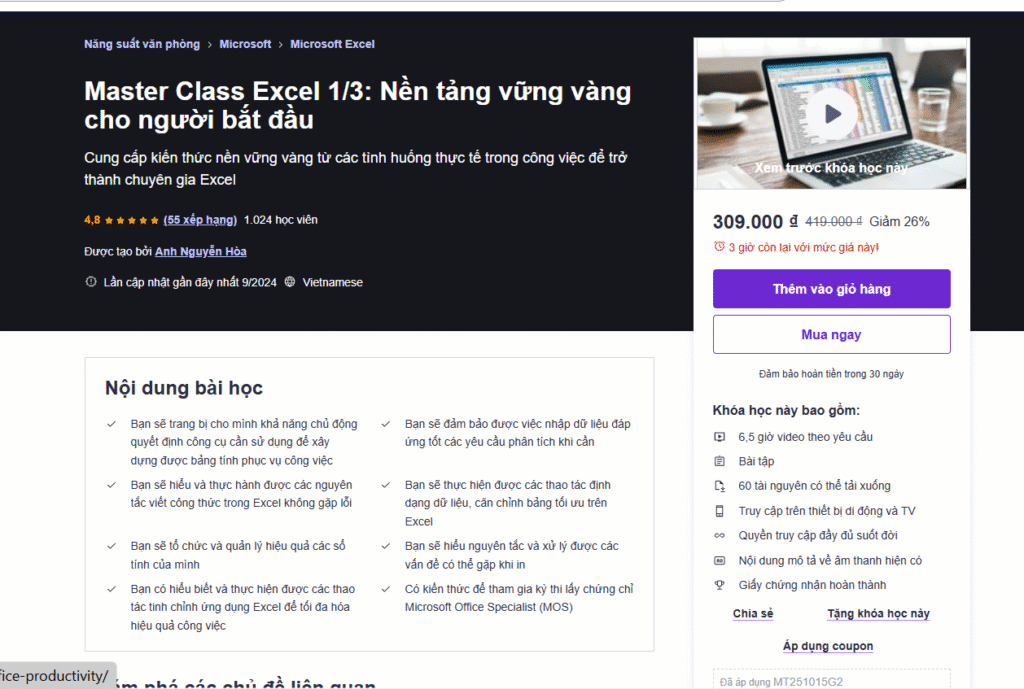 Master Class Excel 1/3: Nền tảng vững vàng cho người bắt đầu